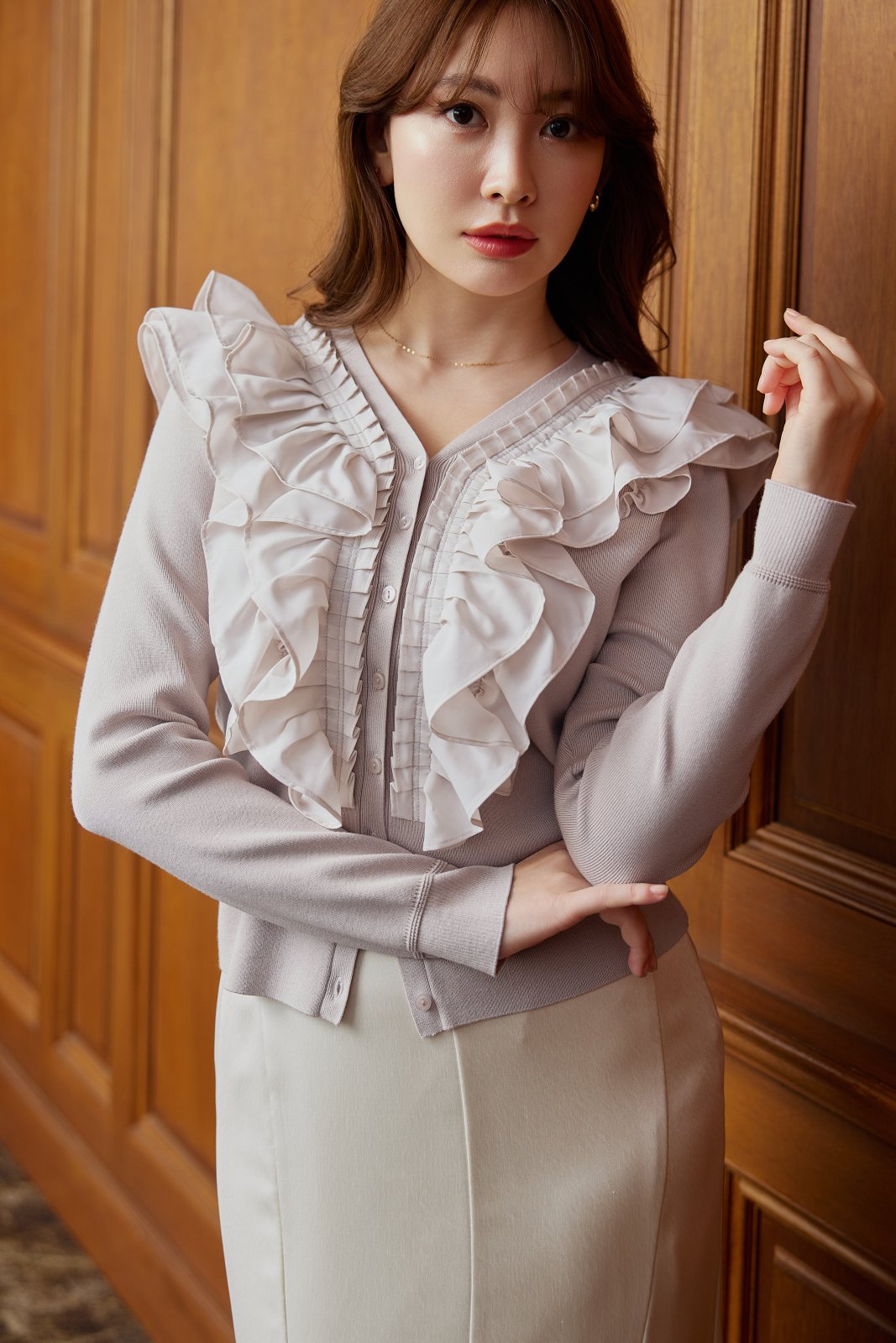 【11月中旬発送】【nude rose】Ruffle Pleated Knit Cardigan